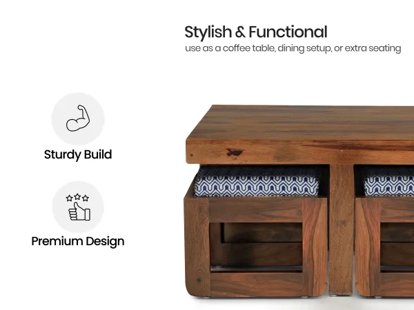 Vesta Solid Wood Coffee Table with 4 Stools